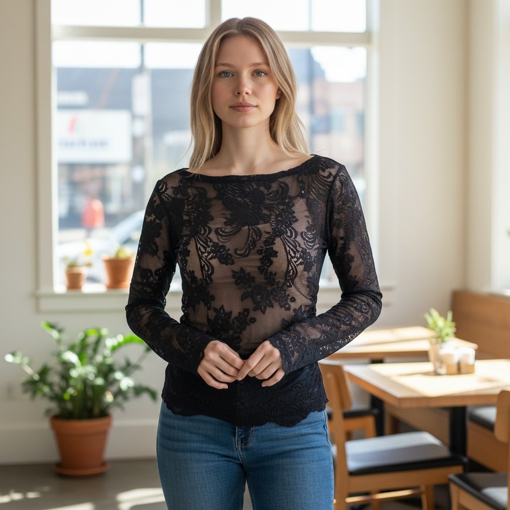 Cache Black Floral Lace Long Sleeve Boat Neck Top Sheer Mesh Blouse